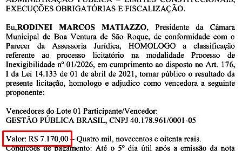 CÂMARA DE BOA VENTURA DE SÃO ROQUE COMEÇA O ANO COM CONTRATAÇÃO POLÊMICA
